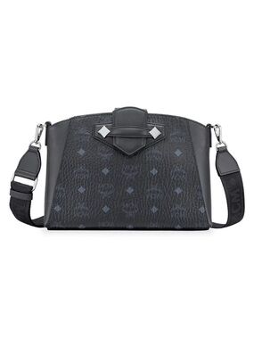 MCM Visetos Small Crossbody Bag Black Monogram Logo Strap Authentic
